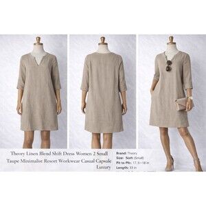 Theory Linen Blend Shift Dress Women 2 Small Taupe Luxury Minimalist Tunic Chic